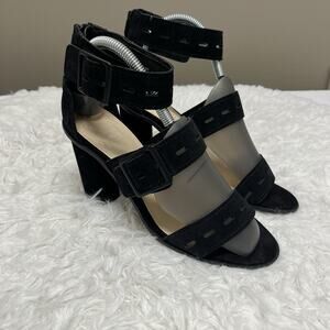 Fergie Fame Black suede Block Heel Sandals belt straps style, size US 7.5M